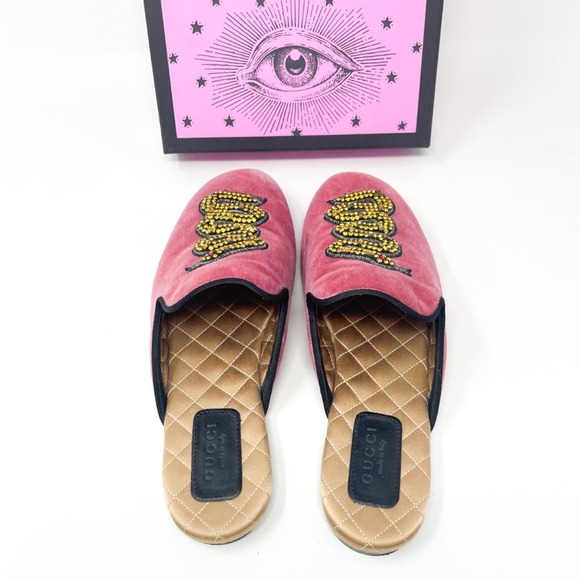 GUCCI Lawrence Velvet Crystal Snake Embroidered Princetown Slippers EU 36.5 - Picture 6 of 9